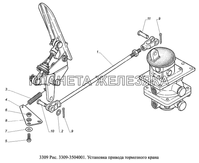 Установка привода тормозного крана ГАЗ-3309 (Евро 2)
